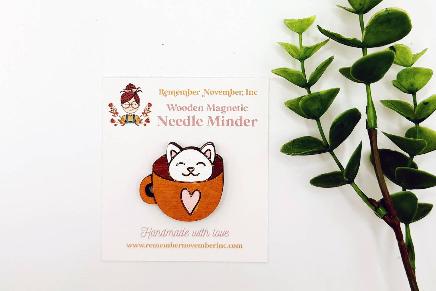 Cat Teacup Needle Minder, Wooden Magnetic Needle Minder