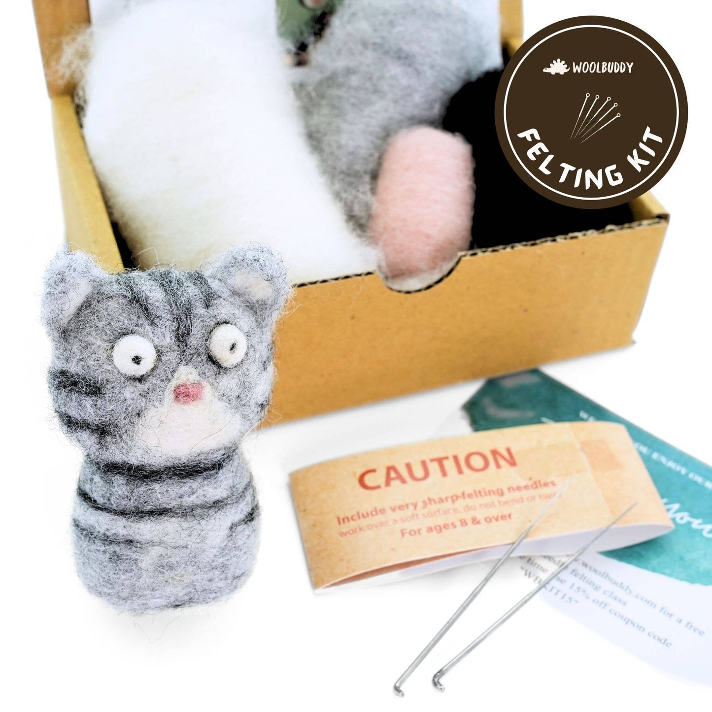 Needle Felting Grey + White Cat Kit